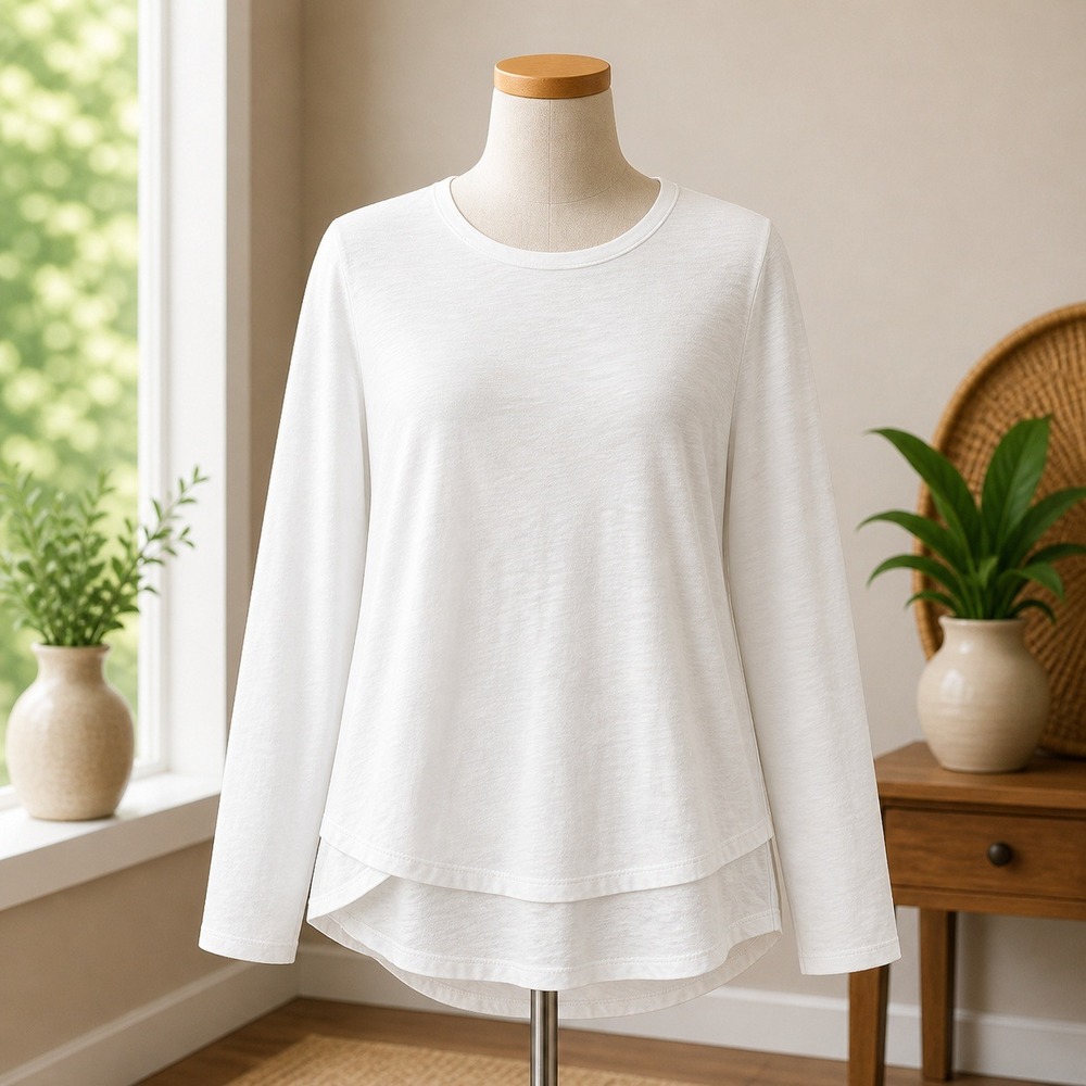 Studio Park Womens White Slub Knit Long Sleeve Layered Tulip Hem‎ Top XS